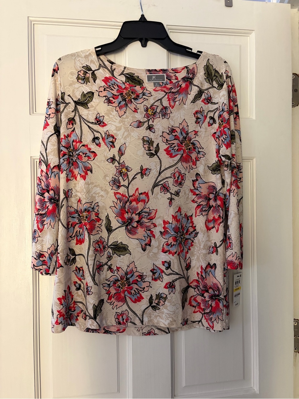JM Collection Cream Long-Sleeve Floral Top with Pink Accents